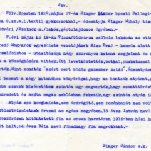 Részlet Singer Sándor bejelentéséből a PIH Jogsegítő Irodáján- 1920. május. 27. (Forrás: MZSL) 
